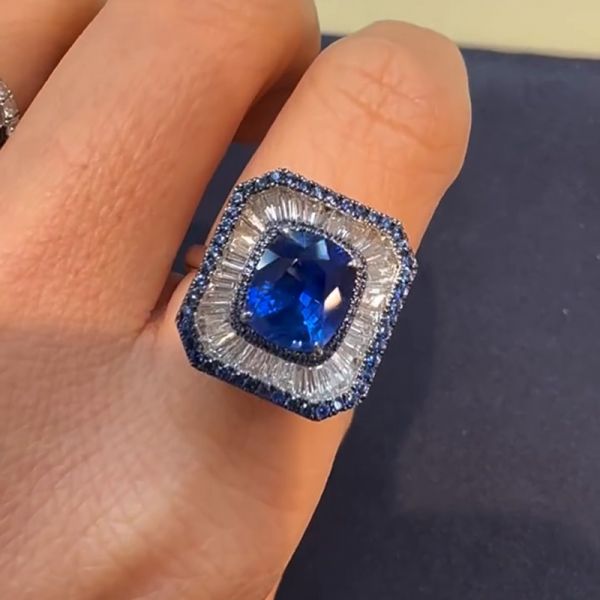 3.5ct Cushion Cut Blue Sapphire Surrounded By Diamonds Handmade Engagement Ring