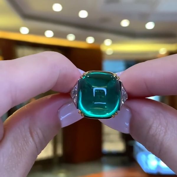 22.8ct Cabochon Colombian Emerald Two-Tone Engagement Ring
