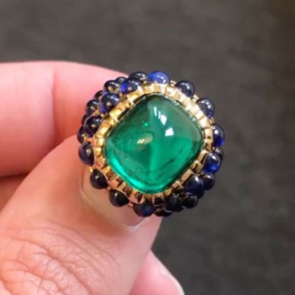 11.5ct Cabochon Emerald & Blue Sapphire Glorious Handmade Yellow Gold Men's Ring