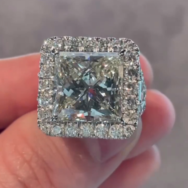 5ct Princess Cut White Sapphire Halo Handmade Engagement Ring
