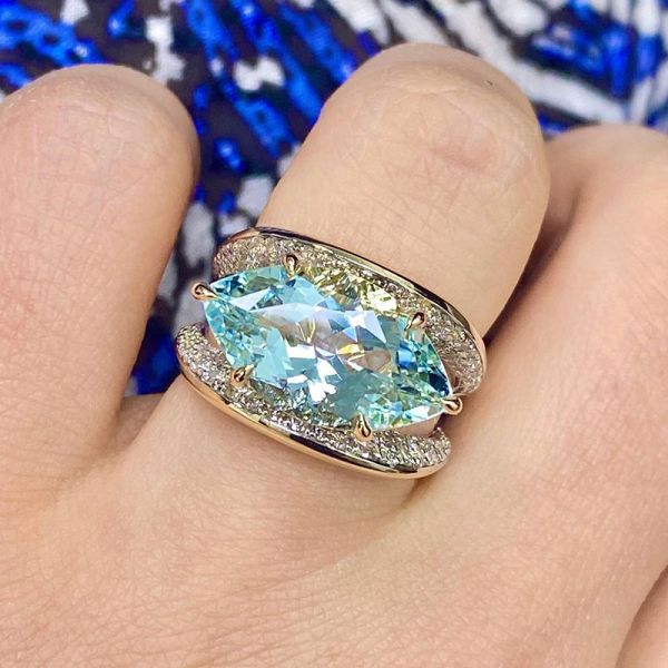 9ct Marquise Cut Aquamarine With Pavé White Sapphires  Robin’s Egg Two Tone Cocktail Ring