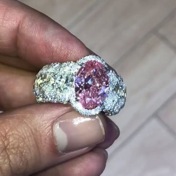5ct Oval Cut Pink Sapphire Surrounded By Pave White Sapphires Eternity Men's Ring