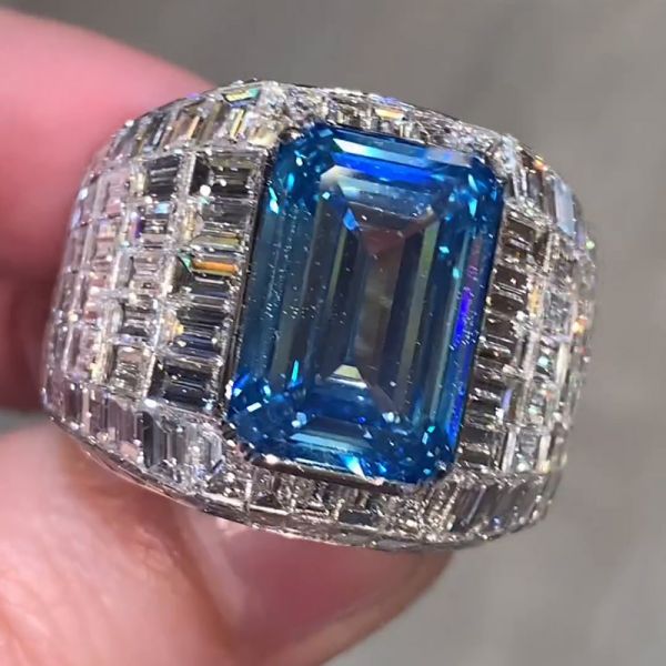 10ct Emerald Cut Blue Sapphire Invisible Set Luxury Men's Ring