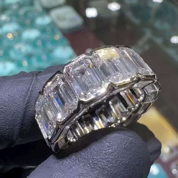 1ct Each Emerald Cut White Sapphire Bezel Setting Eternity Handmade Engagement Ring