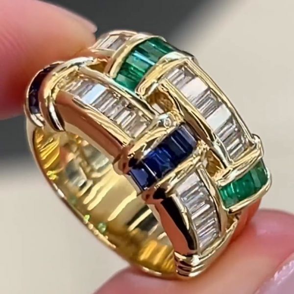 Baguette Cut Emerald & Blue & White Sapphire Basket Weave Ring