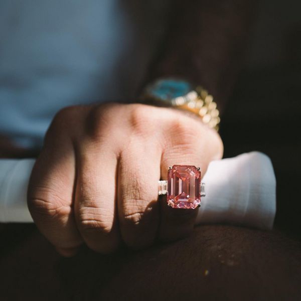 25ct Emerald Cut Vivid Pink Sapphire Eternity Band Pave Set Handmade Ring