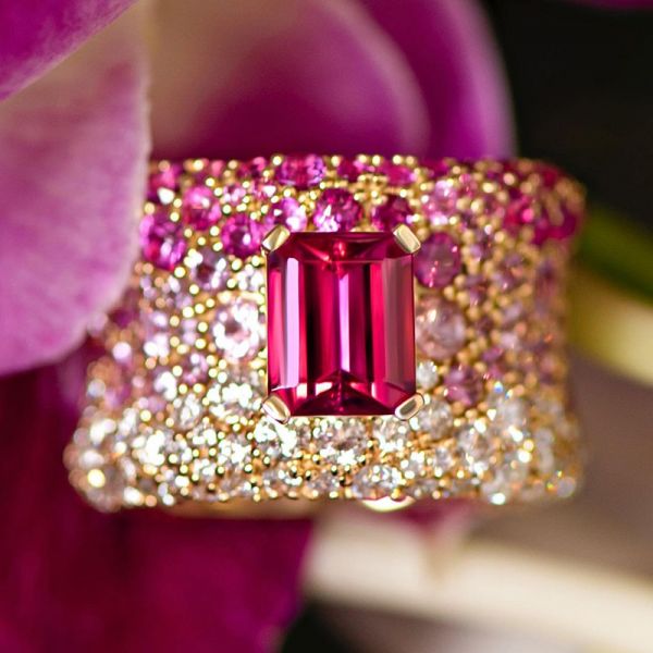 4.5ct Radiant Cut Pink Sapphire Pave Setting Handmade Wide Ring