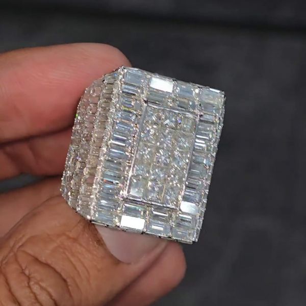 22ctw Princess & Emerald Cut White Sapphire Luxury Handmade Men's Ring