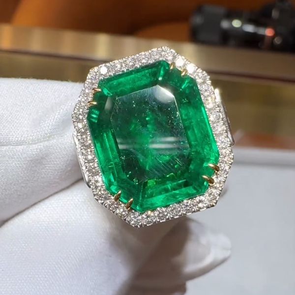 13ct Asscher Cut Emerald Halo Pave Set Vintage Handmade Men's Ring