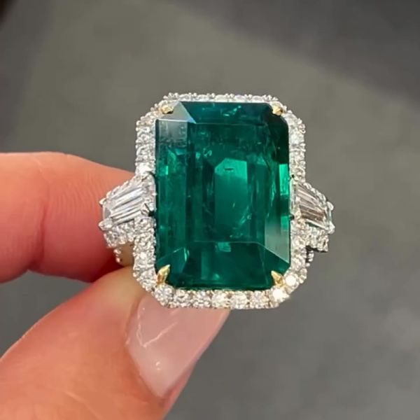 15ct Emerald Cut Emerald Green With 1ct Baguette Side Stones Halo Handmade Engagement Ring