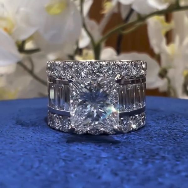 3.5ct Princess Cut White Sapphire With Emerald Cut Eternity Band Flawless Craftsmanship Wedding Ring