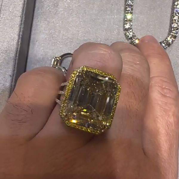 15ct Emerald Cut White Sapphire With Yellow Sapphires Halo Split Shank Handmade Men's Ring