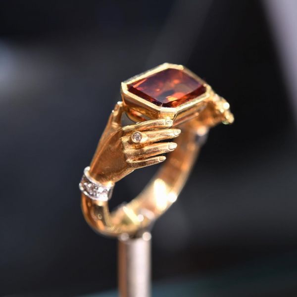 4.5ct Trapezoid Cut Garnet Yellow Gold Handmade Adorned Hands Ring