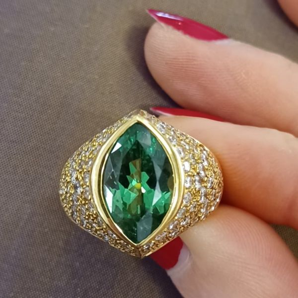 4.3ct Marquise Cut Emerald Green Pave Set Yellow Gold Vintage Handmade Ring