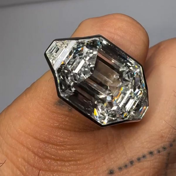 15ctw Asscher Cut With Trapezoid Side Stones Three-Stone Bezel Set Handmade Men's Ring