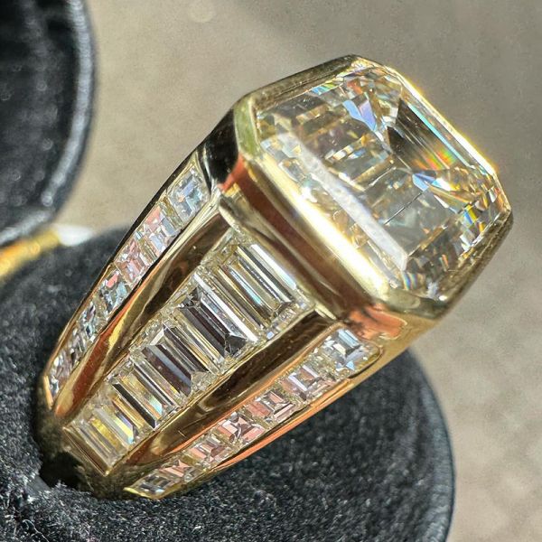 5ct Emerald Cut White Sapphire With Baguette Cut Side Stones East-West Bezel Set Yellow Gold Vintage Engagement Ring