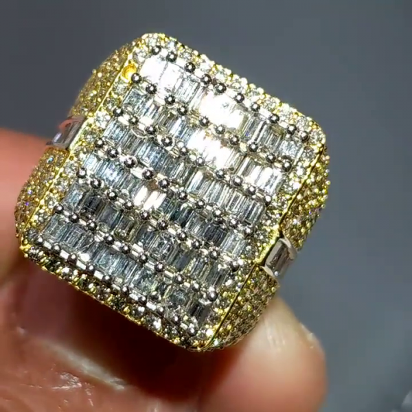 6.2ctw Baguette Cut White Sapphire Yellow Gold Pave Set Handmade Men's Ring