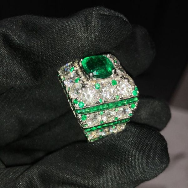 4.5ct Cushion Cut Emerald Green Center Stone Surrounded By Round Cut White Sapphires Luxury Handmade Men's Ring