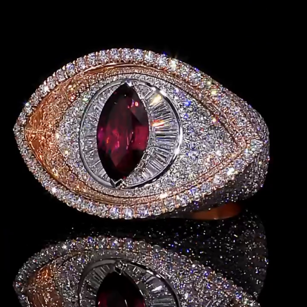 4.5ct Marquise Cut Garnet Pave Set Two-Tone Evil Eye Men's Ring