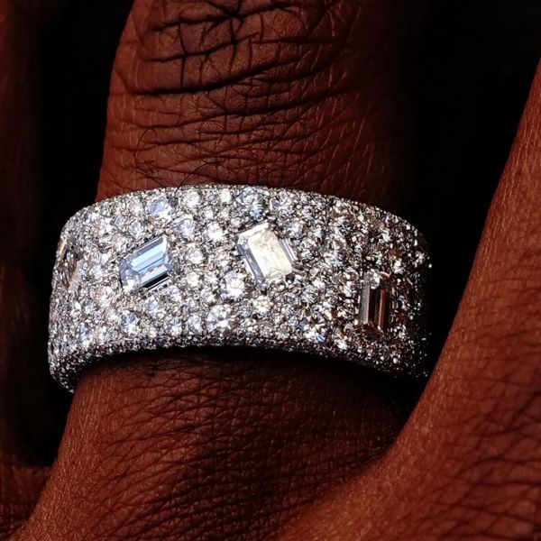 10ctw Emerald Cut White Sapphire Pave Set Handmade Men's Band Ring