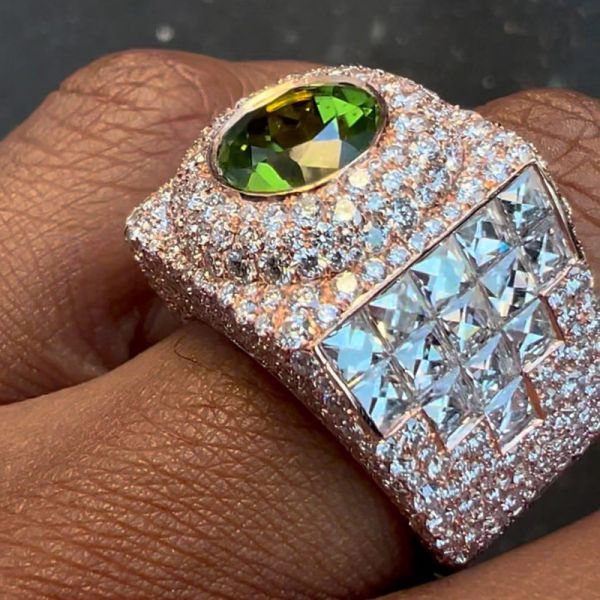 3ct Round Cut Peridot Pave Set Rose Gold Handmade Classic Men's Ring