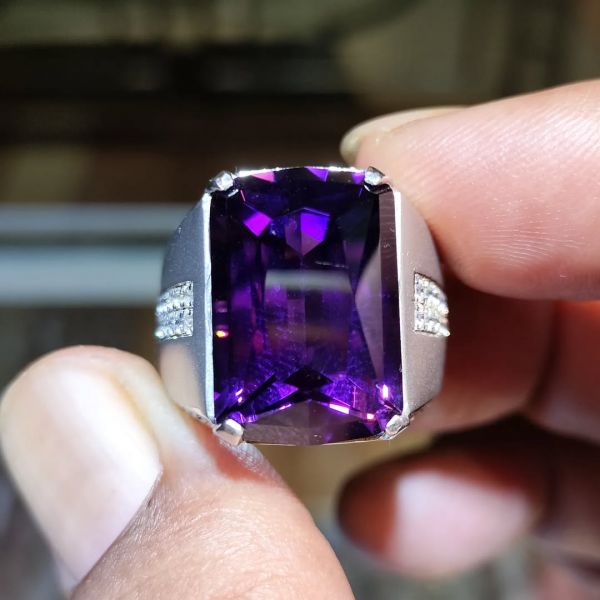 15ct Cushion Cut Amethyst Wide Handmade Men's Ring