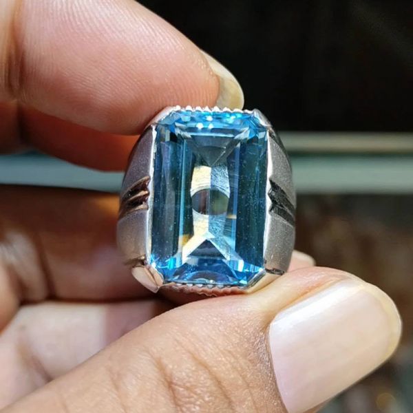 15ct Emerald Cut Aquamarine Wide Handmade Men's Ring