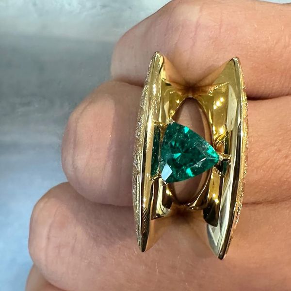 4ct Trillion Cut Emerald Unique Designed Yellow Gold Handmade Unisex Ring