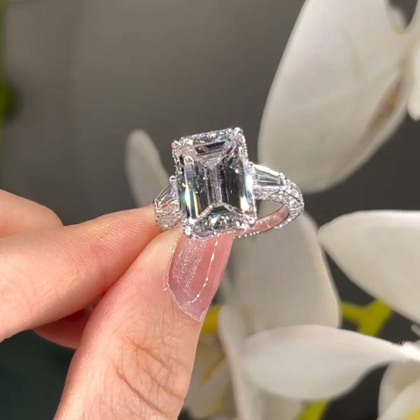 3.5ct Emerald Cut White Gemstone Handmade Sterling Silver Engagement Ring