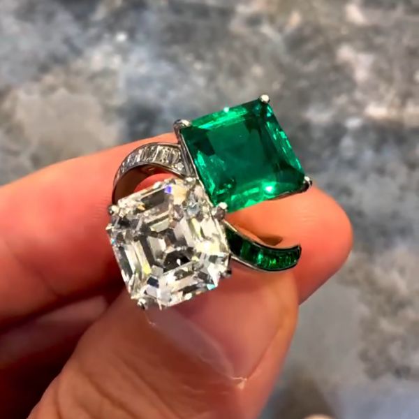 4.5ct Asher cut white diamond and 3.92ct Emerald cut green diamonds sterling silver handmade wedding ring