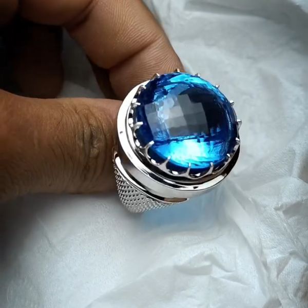 26ct cushion cut sapphire sterling silver handmade luxury men's ring