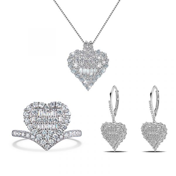 Sterling Silver Elegant Heart Shape Halo Round With Baguette Cut Jewelry Set