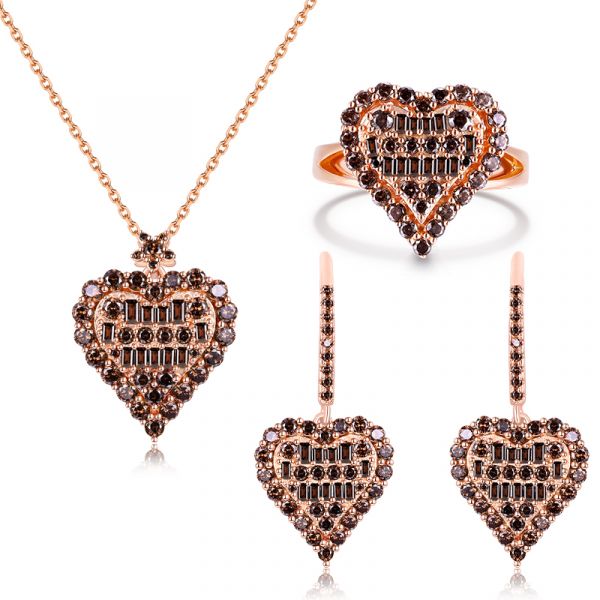 Sterling Silver Exquisite Heart Shape Halo Round And Baguette Cut Chocolate Jewelry Set