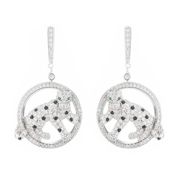 Sterling Silver Elegant Leopard Inspired Halo Round Cut Drop Earrings