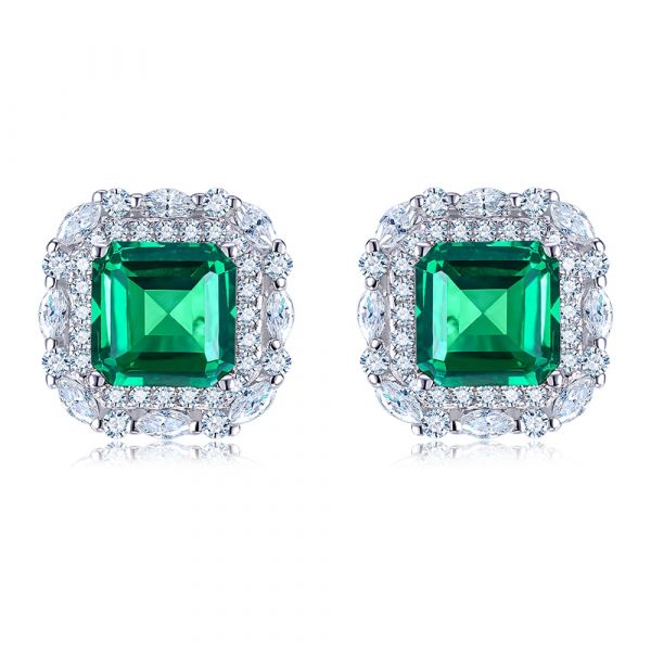 Sterling Silver Unique Double Halo Emerald Cut Stud Earrings
