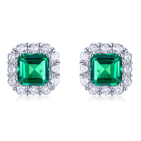 Sterling Silver Unique Halo Emerald With Round Cut Stud Earrings