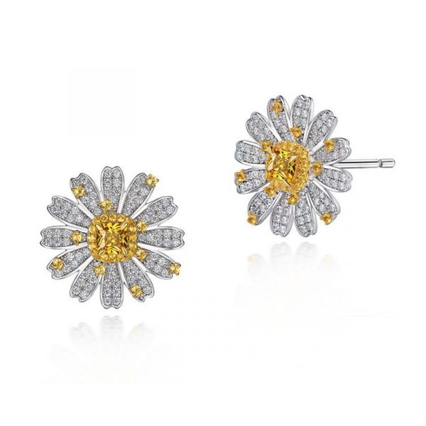Sterling Silver Delicate Sunflower Inspired Halo Cushion Cut Stud Earrings